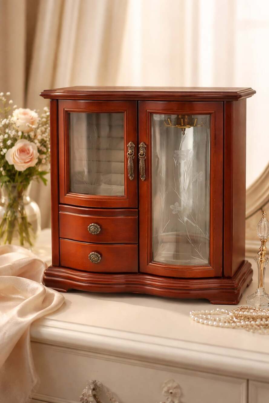 Wooden Jewelry Armoire with Etched Glass Doors and Dual Drawers
